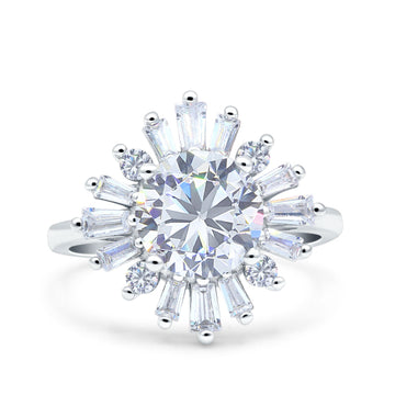 14K White Gold Art Deco Wedding Bridal Ring Baguette Round Simulated Cubic Zirconia